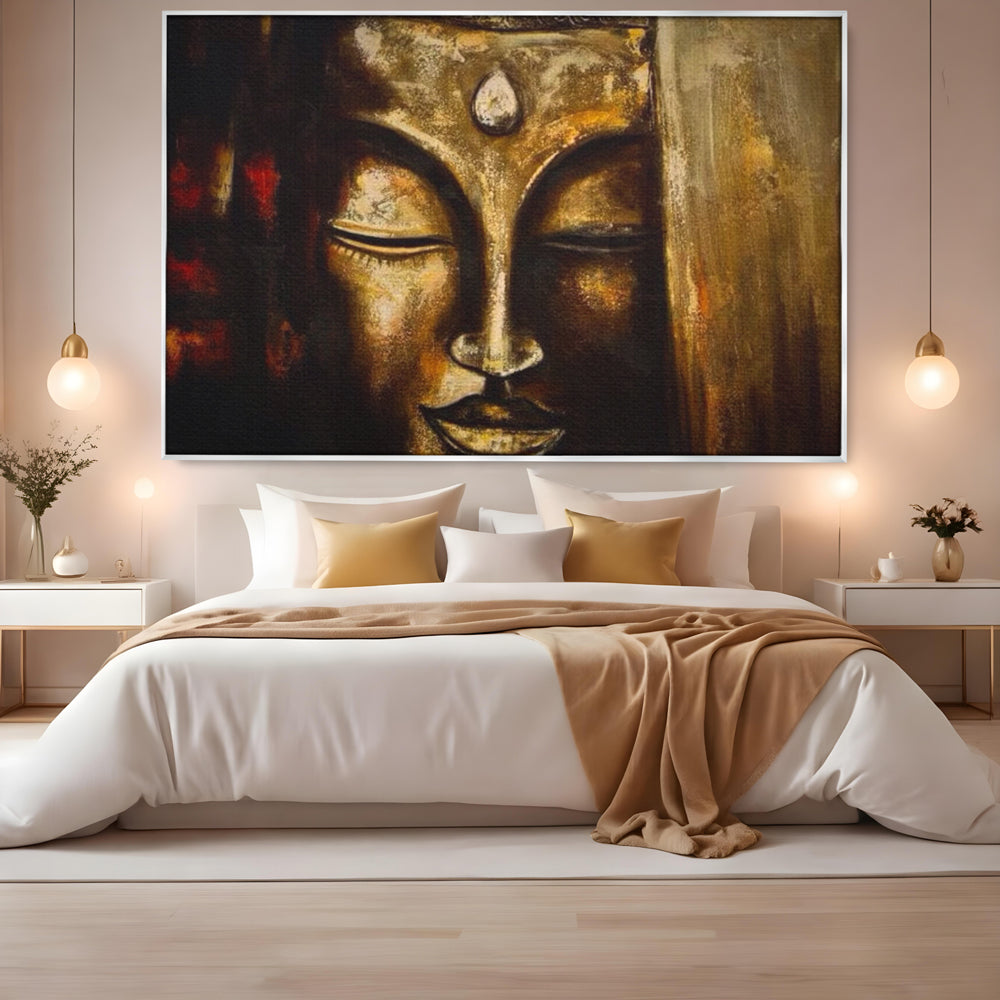 Tablou canvas cu pictura cu chipul lui buddha in nuante aurii, in rama de aluminiu argintiu, pe perete intr-un dormitor